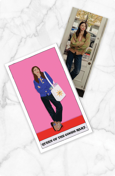 Illustrated card of a woman on a pink background with text 'Queen of the Goods Mart' on a textured white surface.